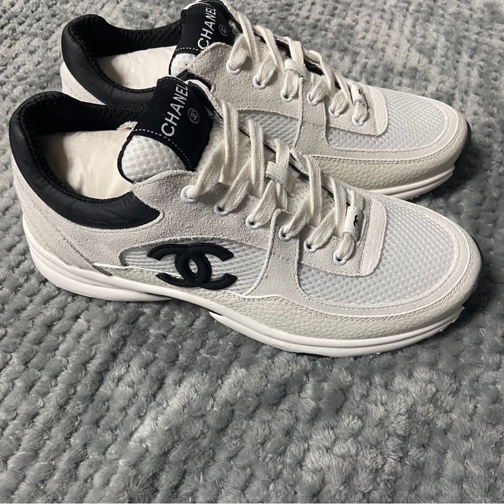 Chanel Classic Silver Sneakers with Camellia Accessory